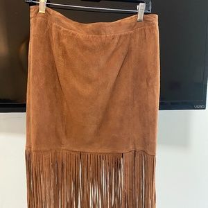 Neiman Marcus Brown Suede Pencil Skirt with Fringe-Hem